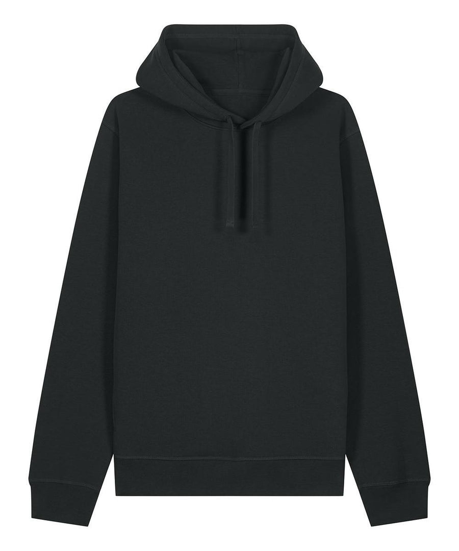 A black hooded sweatshirt with long sleeves, a front pocket, and a drawstring hood is displayed on a white background.