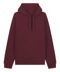 A maroon hoodie sweatshirt with long sleeves, front kangaroo pocket, and hood drawstrings is shown against a white background.