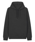 A hoodie sweatshirt in plain dark grey, featuring long sleeves, a front pocket, and an adjustable drawstring hood, is shown against a white background.