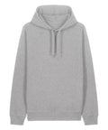 A light grey hoodie sweatshirt with a drawstring hood, long sleeves, and ribbed hem and cuffs is shown laid flat on a white background.