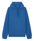 A blue hoodie sweatshirt with long sleeves, a front pocket, and a drawstring hood is shown on a white background.