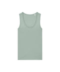 A plain, light green vest (singlet) is laid flat on a white background. It features a sleeveless design with a scoop neckline and no visible patterns or logos.