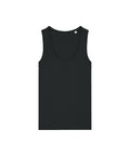 A vest (singlet) in plain black, sleeveless style, is laid flat on a white background and viewed from above.