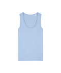 A light blue vest (T-shirt) is laid flat on a plain white background, displaying the front and rounded neckline.
