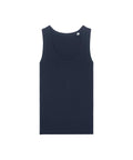 A navy blue, sleeveless vest (T-shirt) is shown lying flat on a white background, displaying its front view.