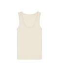 A vest (singlet) in off-white is laid flat on a white background. This plain, sleeveless vest features a scoop neckline and is made of soft, lightweight fabric.