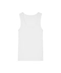 A plain white vest is displayed on a white background, featuring a sleeveless design, scoop neckline, and simple, unadorned style.