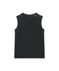 A plain black vest (t-shirt) is laid flat on a white background. It features a sleeveless design, round neckline, and has no visible patterns, logos, or embellishments.