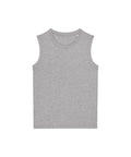 A heather grey vest (T-shirt) with a sleeveless design and crew neckline is laid flat on a white background, featuring no visible logos or designs.