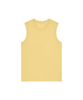 A sleeveless, light yellow vest (T-shirt) with a round neckline is laid flat on a white background, featuring a simple design with no visible patterns or logos.