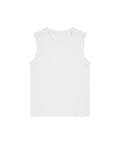 A vest (singlet) in plain white with a sleeveless design is laid flat on a white background and shown from the front.