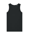 A black sleeveless vest (t-shirt) with a round neckline is displayed on a white background, shown from the front. It has no visible logos or patterns.