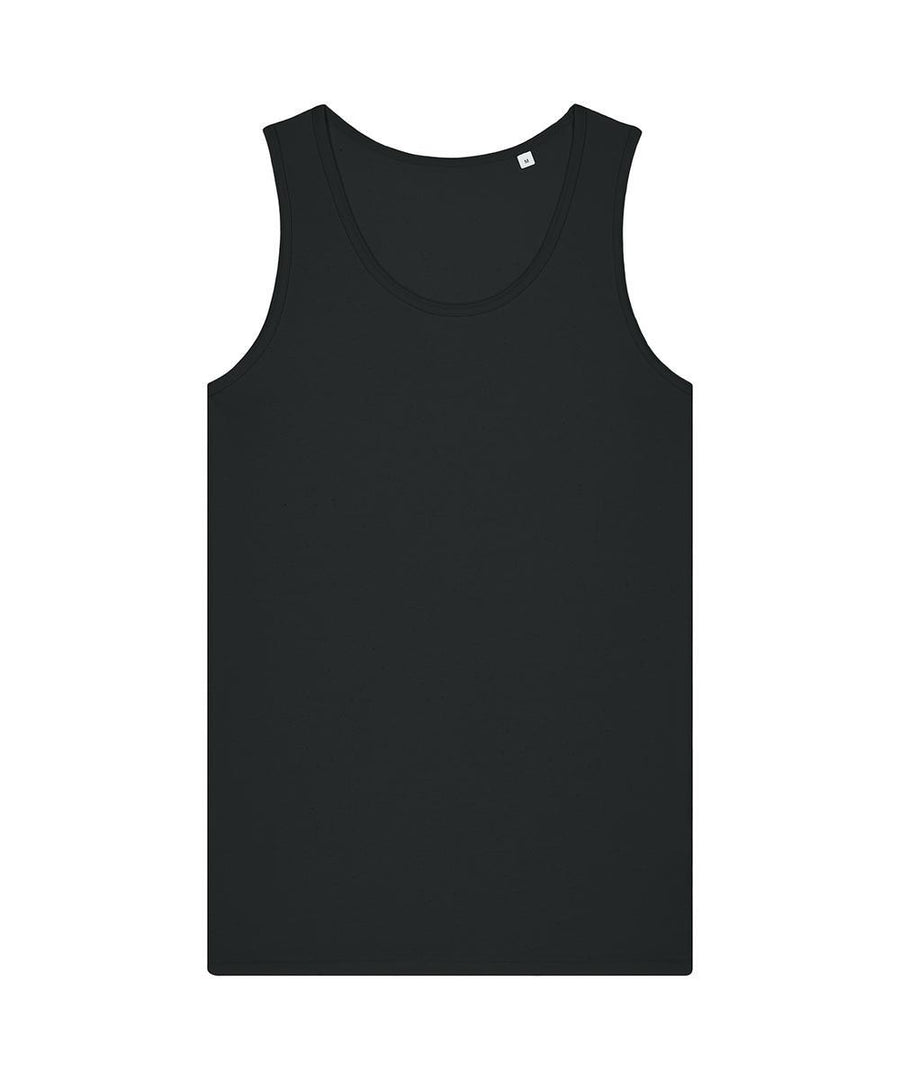 A black sleeveless vest (t-shirt) with a round neckline is displayed on a white background, shown from the front. It has no visible logos or patterns.
