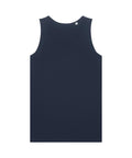 A plain, dark navy blue sleeveless vest (T-shirt) with a round neckline is laid flat on a white background. There are no visible patterns or logos.