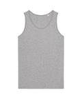 A heather grey, sleeveless vest (T-shirt) with a round neckline is laid flat on a white background. The vest has no visible labels or designs.