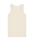 A sleeveless, light beige vest with a round neckline and clean hems is laid flat on a white background. The vest features no visible logos or patterns, offering a simple and minimalist look.