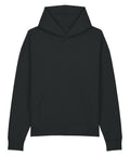 A black hooded sweatshirt with long sleeves, a front kangaroo pocket, and no visible logos or designs is laid flat on a white background.
