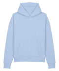 A light blue Hoodies sweatshirt with a hood, front kangaroo pocket, and long sleeves is displayed flat on a white background.