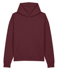 The Hoodies product is shown laid flat on a white background, featuring a plain maroon design with long sleeves, a hood, and a front pouch pocket.
