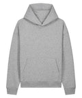 A light grey hooded sweatshirt with a hood, front kangaroo pocket, ribbed cuffs and waistband, shown on a white background.