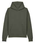 The Hoodies product is a plain, long-sleeved olive green hoodie featuring a front kangaroo pocket and a hood, shown on a white background.