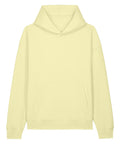 A plain light yellow hoodie with long sleeves and a front pocket is displayed on a white background. Its simple design features no visible logos or patterns.