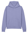 A lavender hoodie sweatshirt with long sleeves, a front pocket, and a hood is shown against a white background.