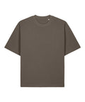 A T-shirt product in brown with short sleeves and a crew neckline is displayed flat on a white background.