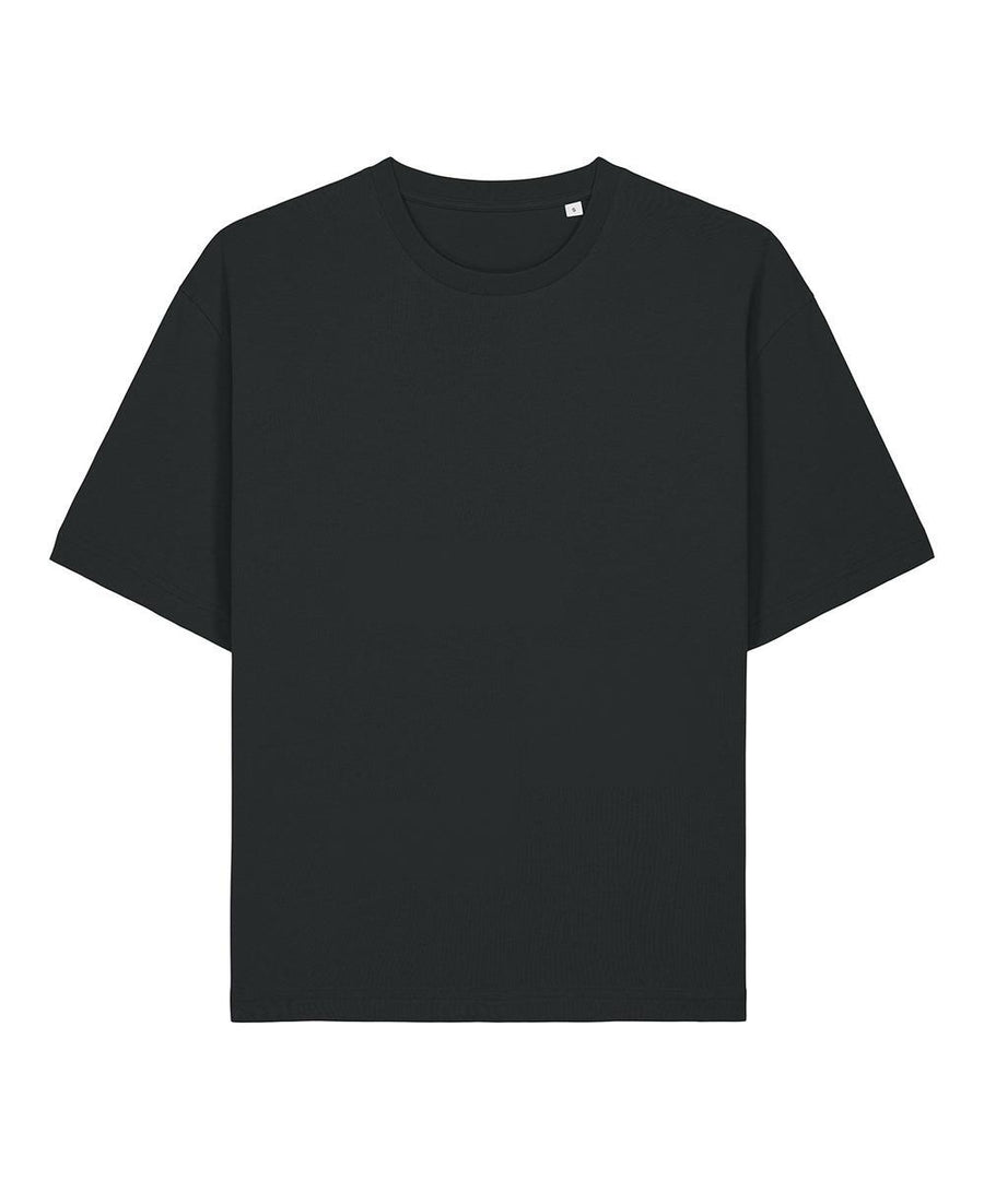 A black short-sleeve T-shirt with a crew neck, displayed flat on a white background.