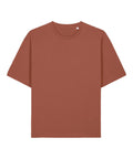 A rust brown, short-sleeved T-shirt top with a crew neckline and no visible logos or designs, shown against a white background.