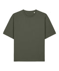 A T-shirt short-sleeved crew neck in solid dark olive green, laid flat on a white background.