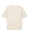 A plain, off-white T-shirt product with short sleeves and a crew neckline is laid flat on a white background, featuring no visible logos or designs.