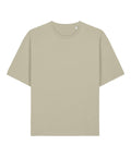 A beige T-shirt, short-sleeved with a round neckline, no logos or patterns, is laid flat on a white background.