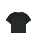 A T-shirt product in plain black with short sleeves and a crew neck is laid flat on a white background, displaying the front side.