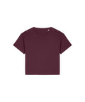 A solid burgundy short-sleeved crew neck T-shirt is shown on a white background.