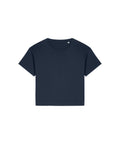 A plain navy blue T-shirt with short sleeves and a classic crew neck is laid flat on a white background. The shirt is simple, with no visible logos, patterns, or designs.