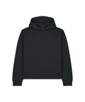 A black hooded sweatshirt with long sleeves, a front pocket, and a hood is displayed on a white background.
