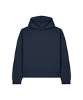 A plain, dark navy blue hoodie sweatshirt with long sleeves, a relaxed fit, and no visible logos or designs is laid flat on a white background.
