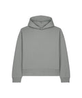 A light grey hooded sweatshirt with long sleeves, a hood, and front pocket, laid flat on a white background.