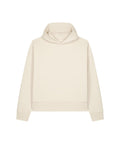 The Hoodies product is a relaxed-fit, long-sleeve off-white hooded jumper with cuffed sleeves and a straight hem, displayed against a white background.