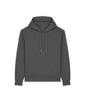 A hoodie sweatshirt in plain dark grey, featuring a front pocket, drawstrings, and long sleeves, is laid flat on a white background.
