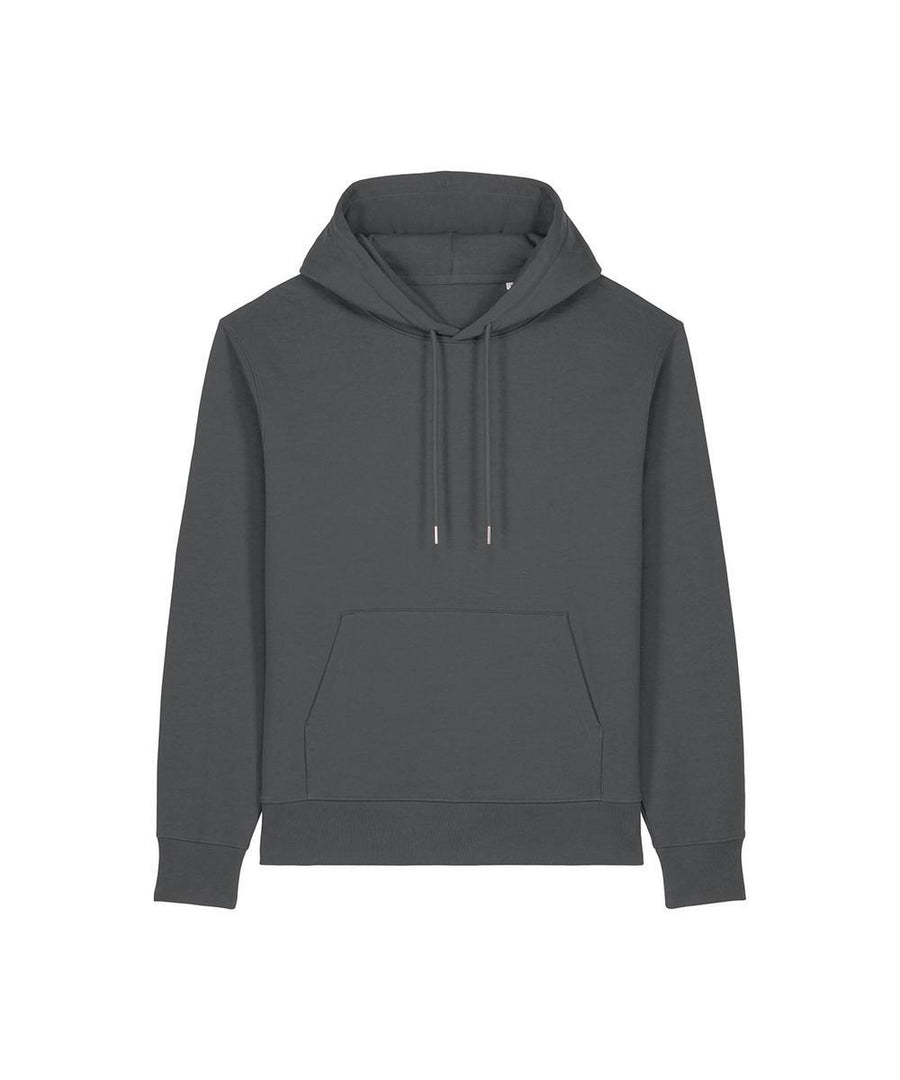 A hoodie sweatshirt in plain dark grey, featuring a front pocket, drawstrings, and long sleeves, is laid flat on a white background.