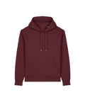 A maroon hoodie sweatshirt with a hood, front kangaroo pocket, drawstrings, and ribbed cuffs and hem is shown against a plain white background.
