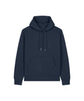 A navy blue hoodie sweatshirt with a drawstring hood, front pocket, long sleeves, ribbed cuffs and hem, shown on a white background.