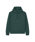 A hoodie sweatshirt in dark green, featuring a hood with drawstring, front pouch pocket, and ribbed cuffs and hem, shown against a white background.