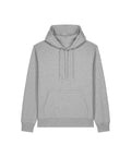 A plain light grey hoodie sweatshirt, featuring a hood, front pocket, and drawstrings, is displayed flat on a white background.