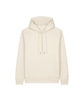 A light beige hoodie sweatshirt with a hood, front pocket, drawstrings, and long sleeves is displayed laid flat on a white background.