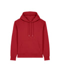 The Hoodies product is a plain red pullover featuring a front kangaroo pocket, drawstring hood, and ribbed cuffs and hem, displayed on a white background.
