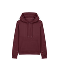 A maroon hoodie sweatshirt with a hood, drawstrings, and a front pocket is displayed flat on a white background.