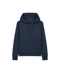 A dark navy blue hooded sweatshirt with long sleeves, ribbed cuffs and hem, front pocket, and drawstrings is shown on a white background.